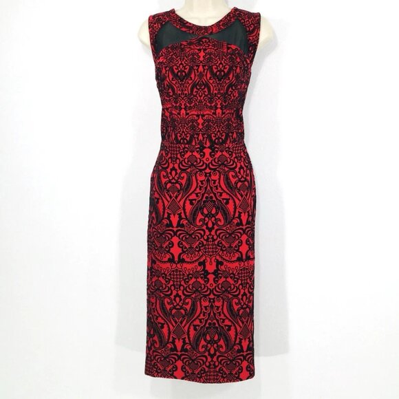 Beige By ECI Dress Sz 10 Black Velvet On Red Pencil Sheath Mesh Cut Outs Zip - Picture 1 of 13